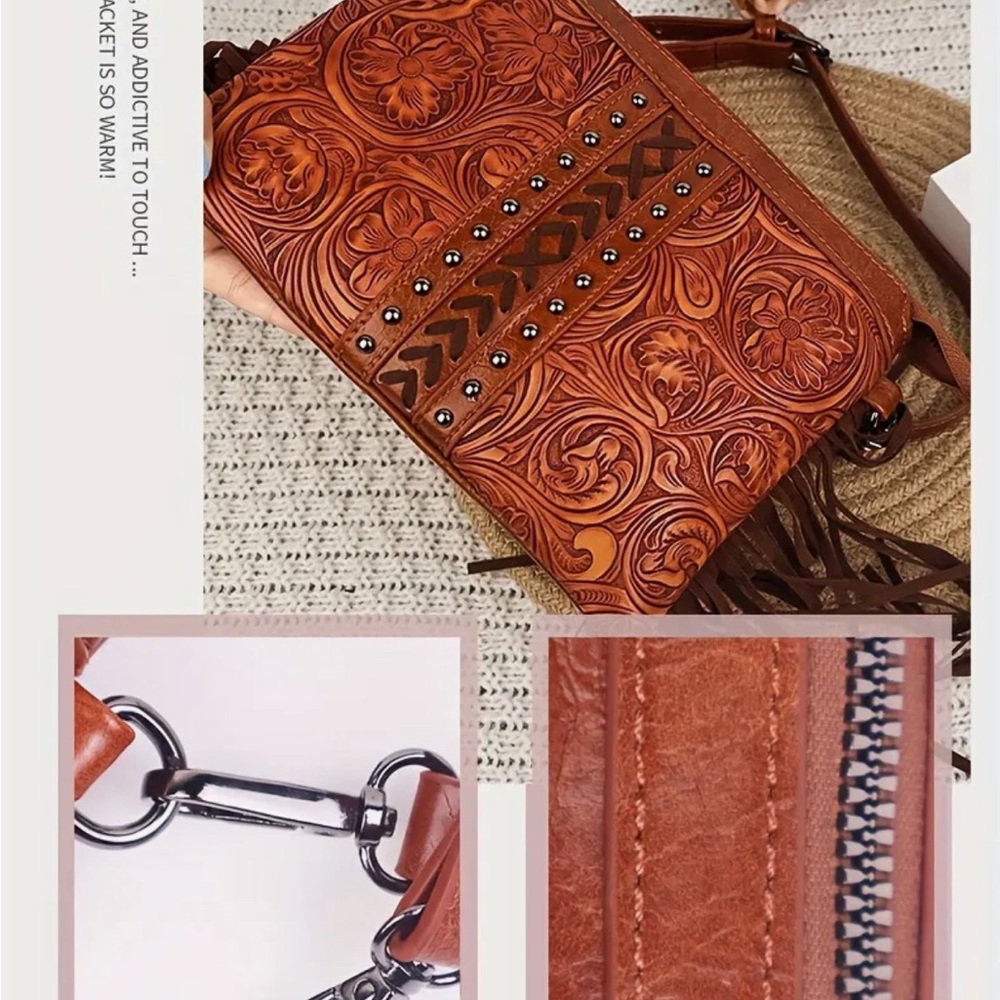 Brown Embossed Leather Crossbody Bag - Picture 12 of 12
